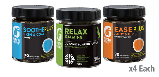 Green Gruff - Mixed Jars Plus CBD - 12 Pack - 4 each of Ease, Relax and Soothe